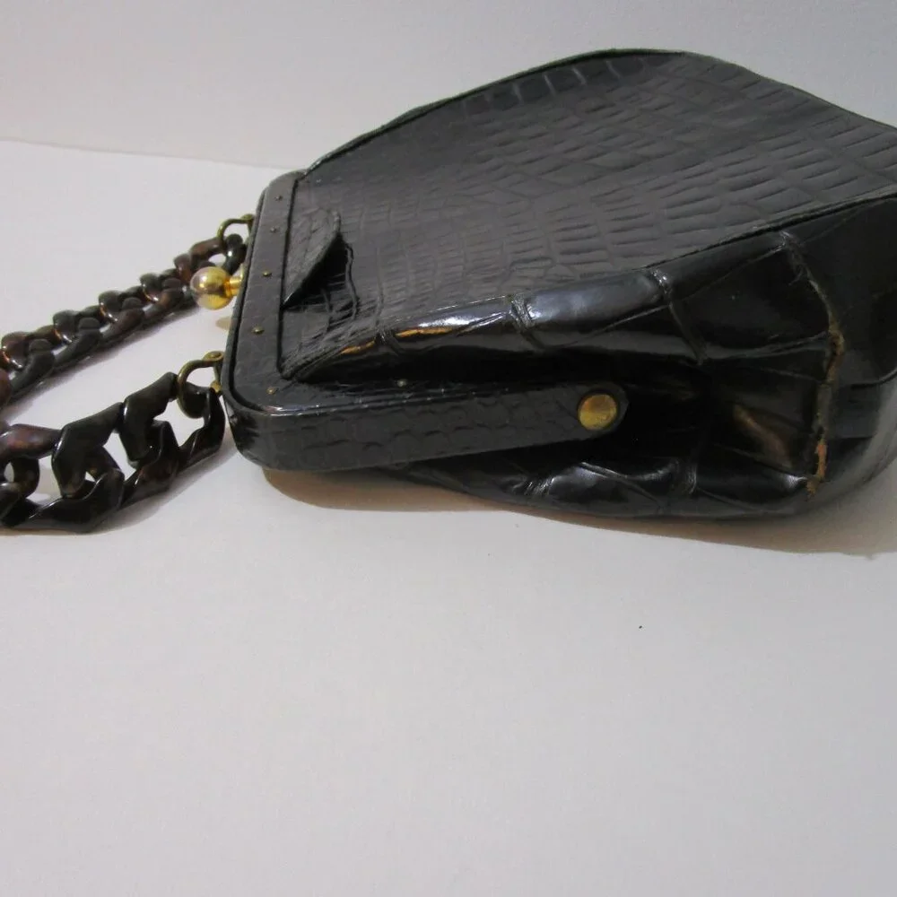 Crocodile Purse Top Handle Frame Vintage 1950s Glossy Black - Picture 8 of 16